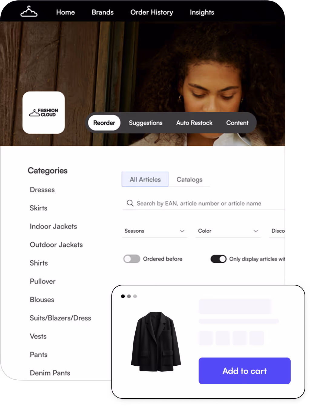 Fashion Cloud website interface showing categories of clothing on the left and a black blazer with an Add to cart button in a popup window.